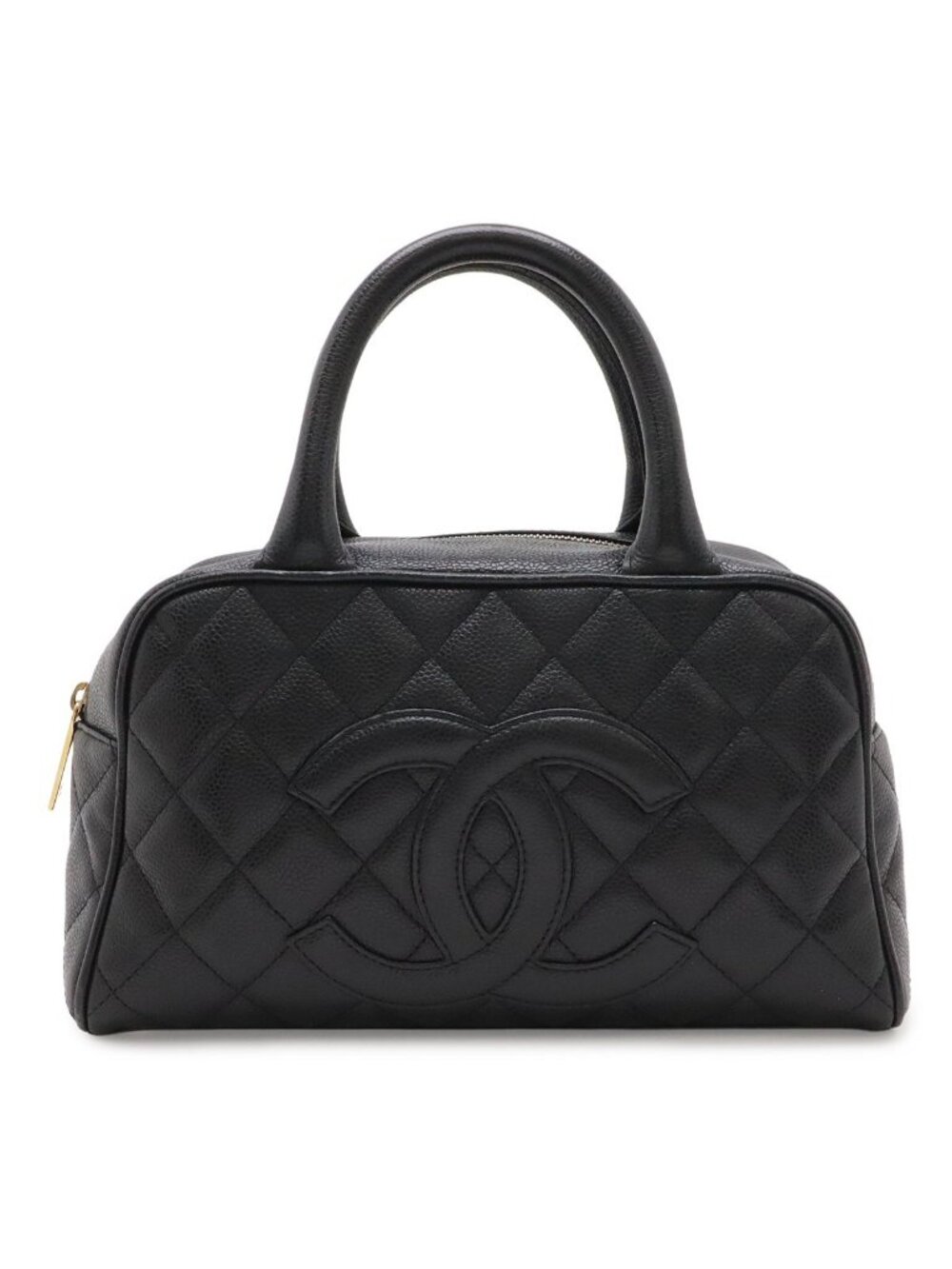 Chanel Quilted CC Logo Mini Boston Bag Caviar Leather Black Gold